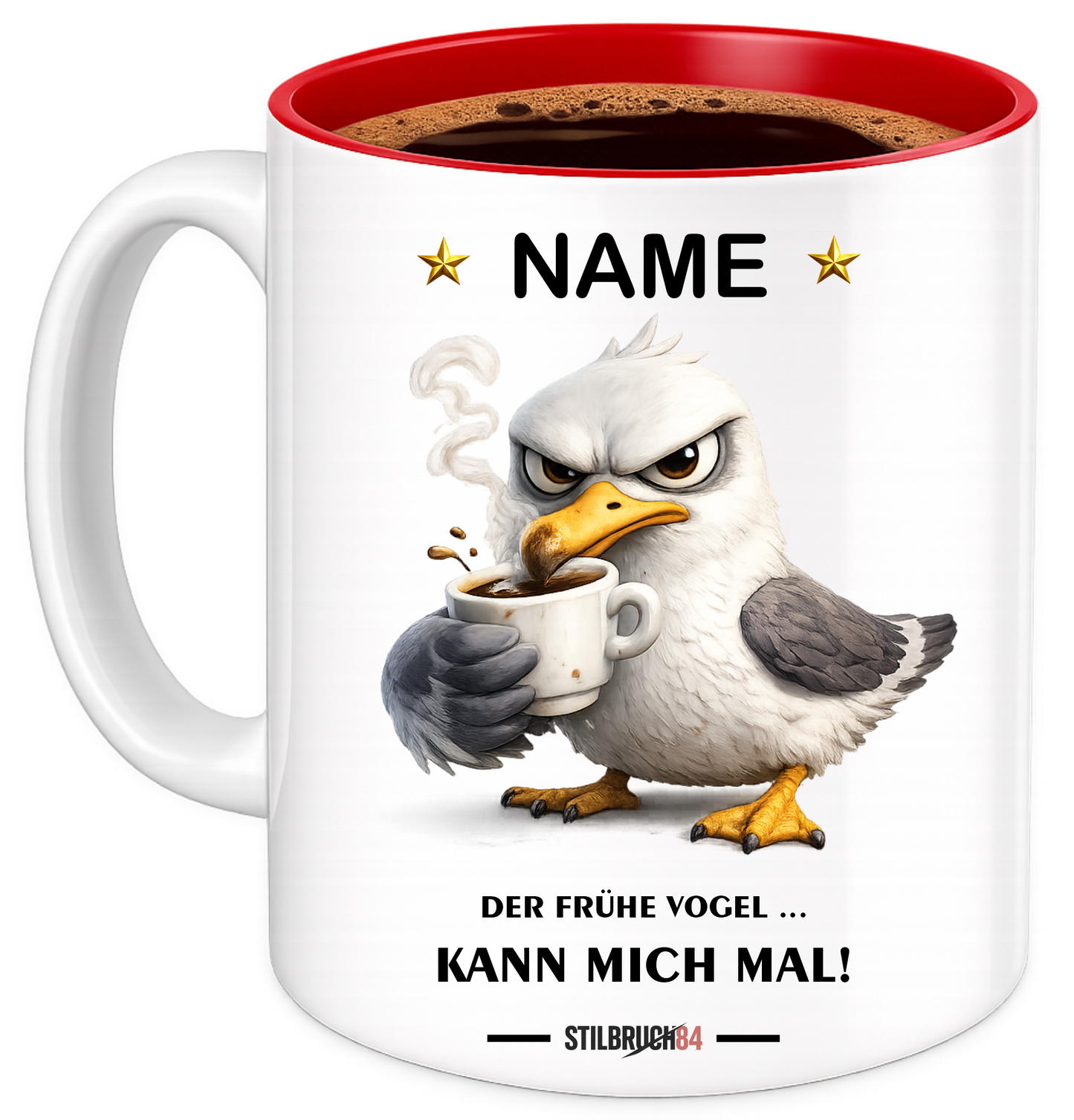 Personalisierte Tasse „Der frühe Vogel … kann mich mal!“