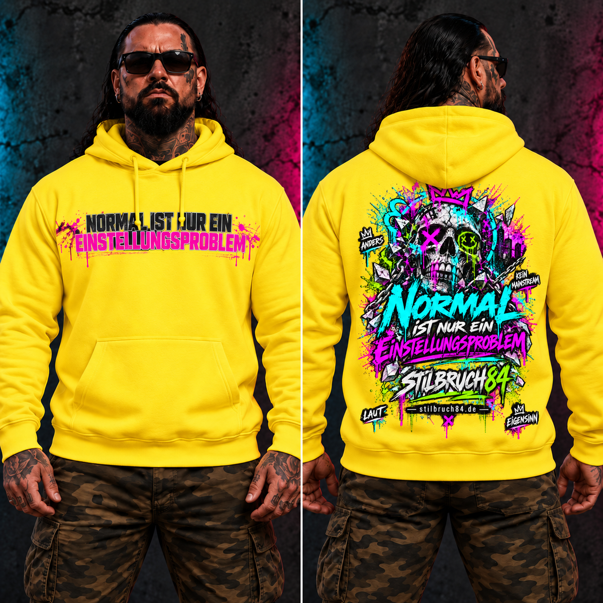 Normal ist nur ein Einstellungsproblem – Hoodie gelb front ruecken – freigestelltes Motiv