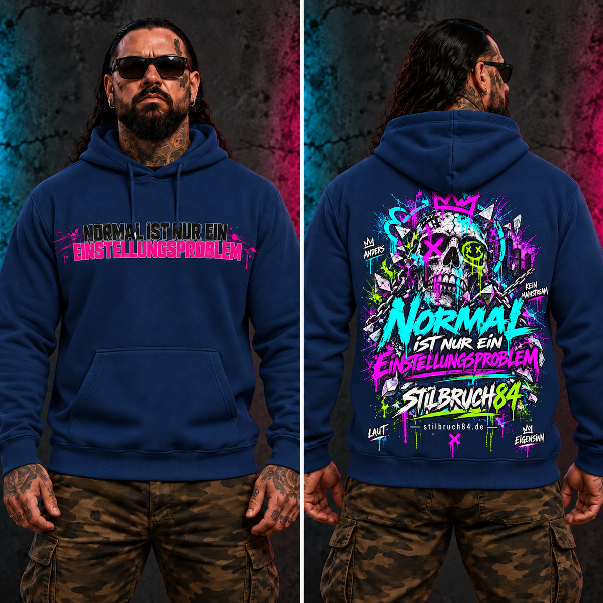 Normal ist nur ein Einstellungsproblem – Hoodie navy front ruecken – freigestelltes Motiv