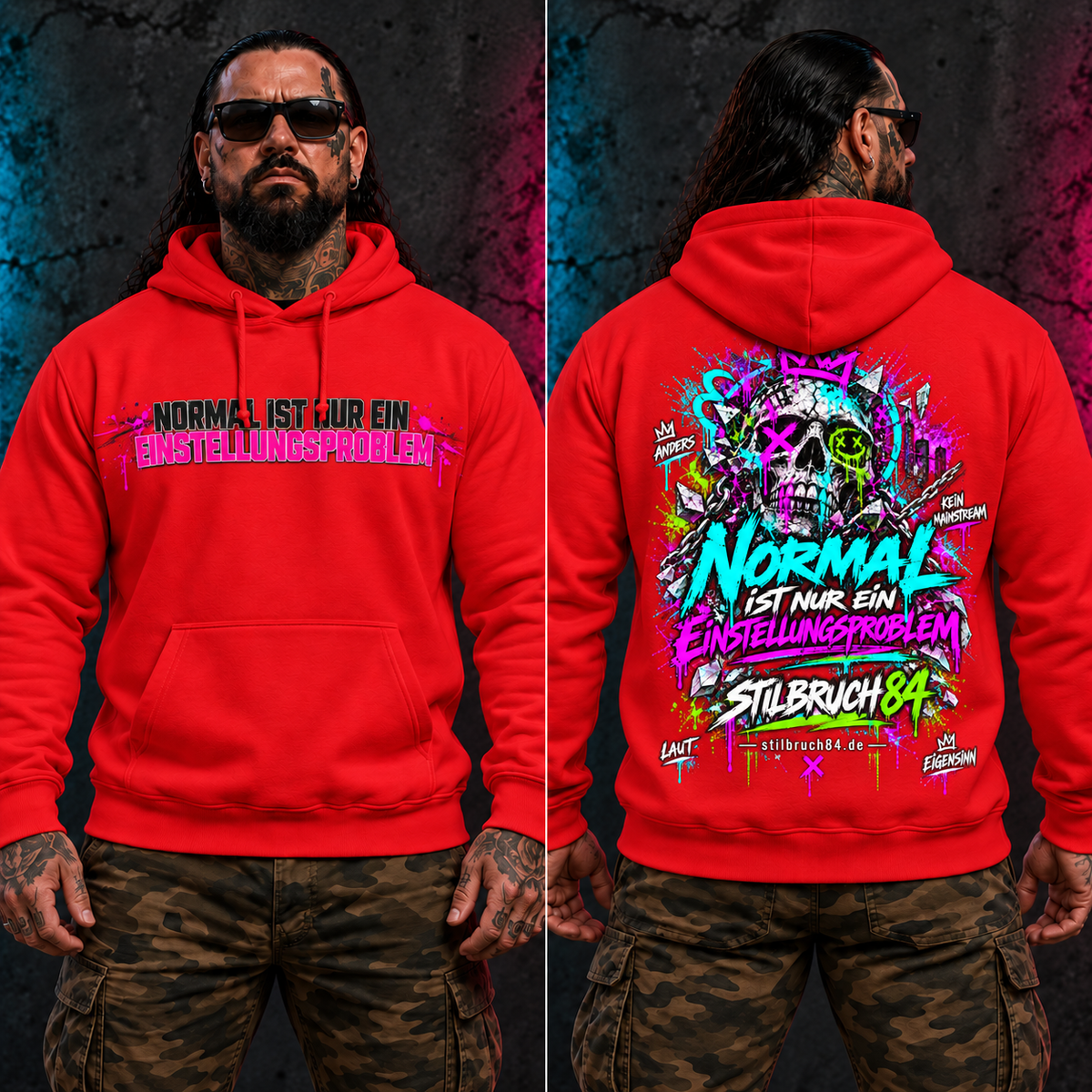 Normal ist nur ein Einstellungsproblem – Hoodie rot front ruecken – freigestelltes Motiv