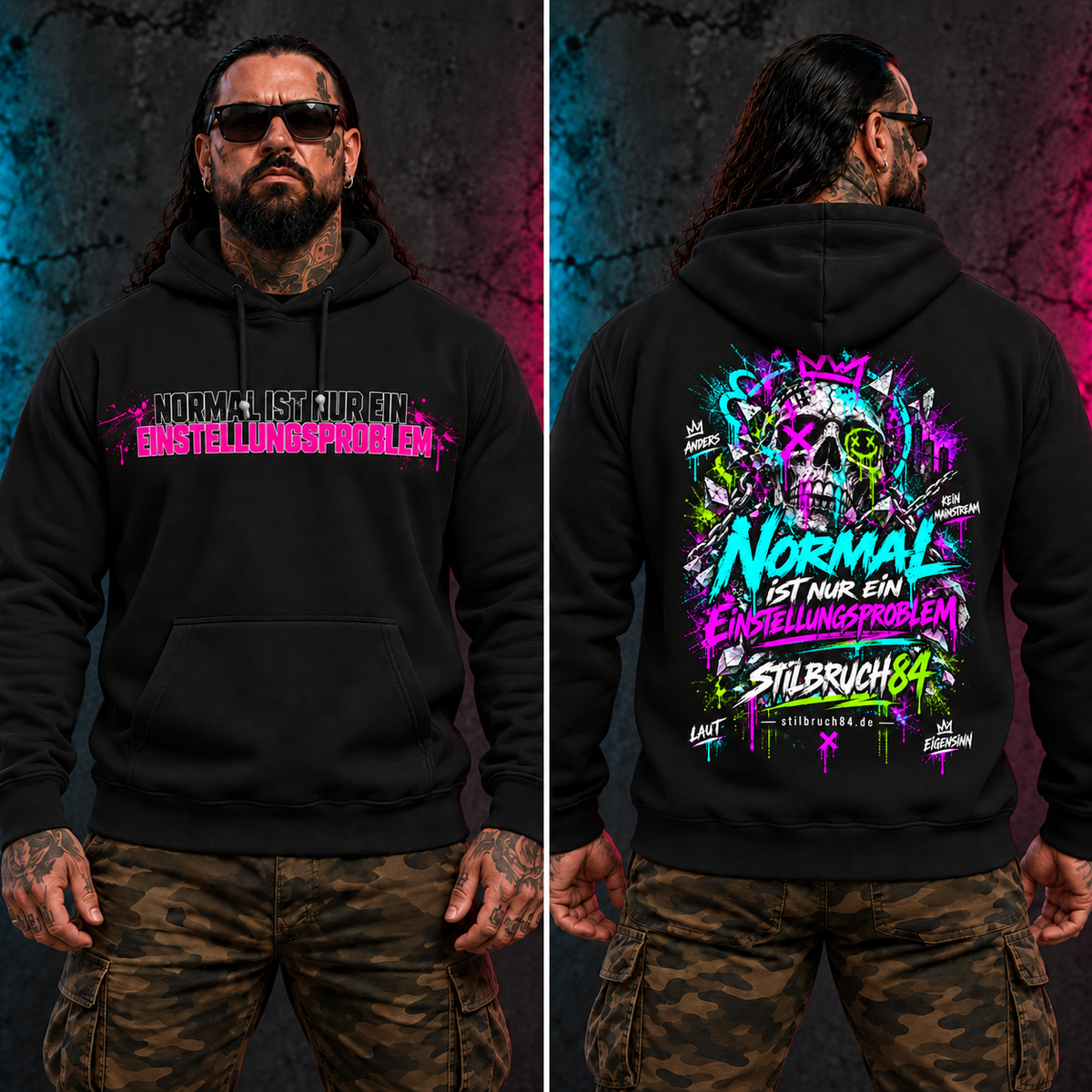 Normal ist nur ein Einstellungsproblem – Hoodie schwarz front ruecken – freigestelltes Motiv