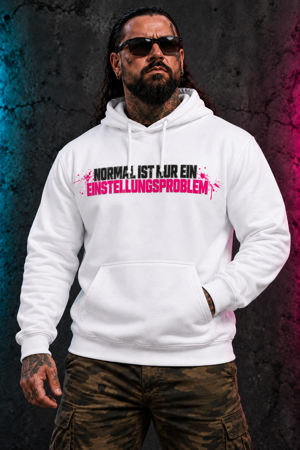 Normal ist nur ein Einstellungsproblem – Hoodie weiss front seitlich – freigestelltes Motiv