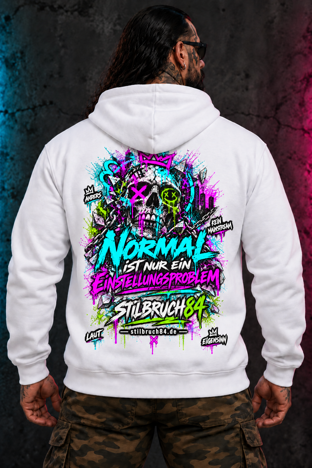 Normal ist nur ein Einstellungsproblem – Hoodie weiss ruecken – freigestelltes Motiv