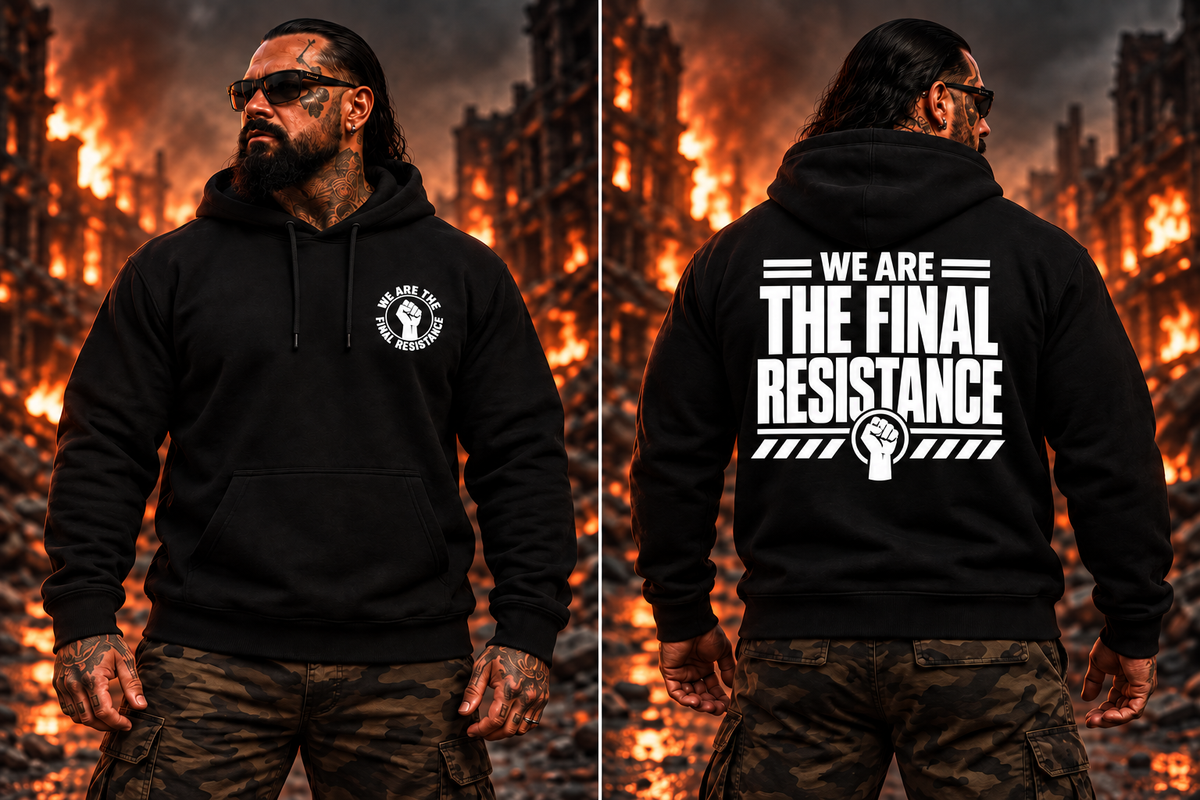 THE FINAL RESISTANCE – schwarzer Hoodie, Vorder- und Rückseite als Designvisualisierung