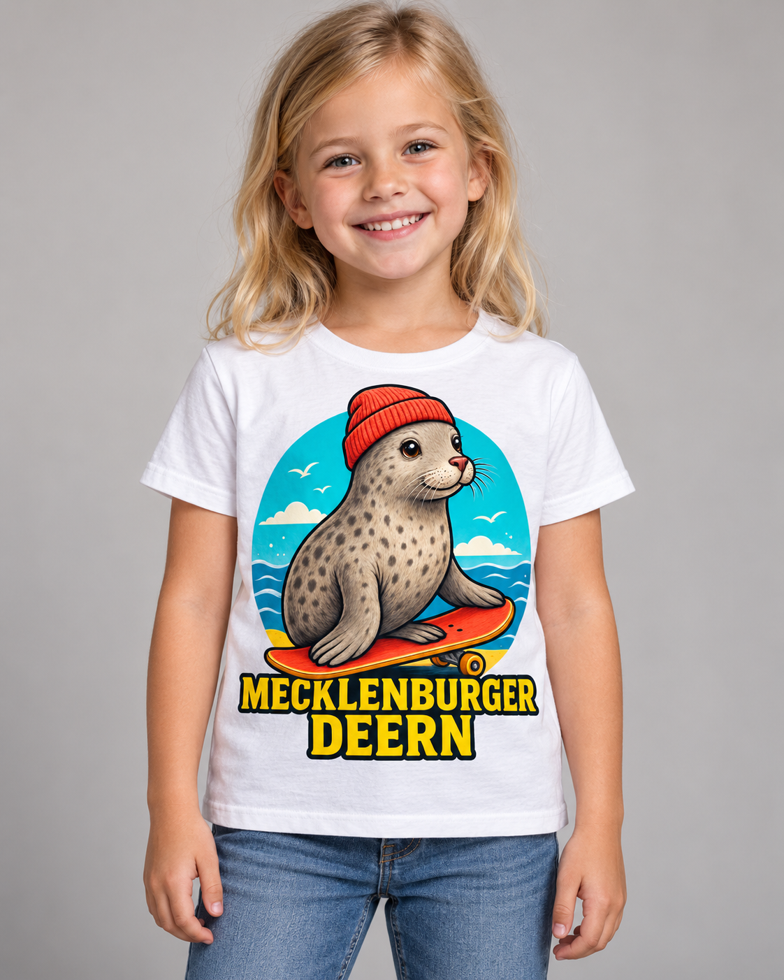 Mecklenburger Deern Mädchen-T-Shirt in Weiß mit großem Robbenmotiv – Trageansicht