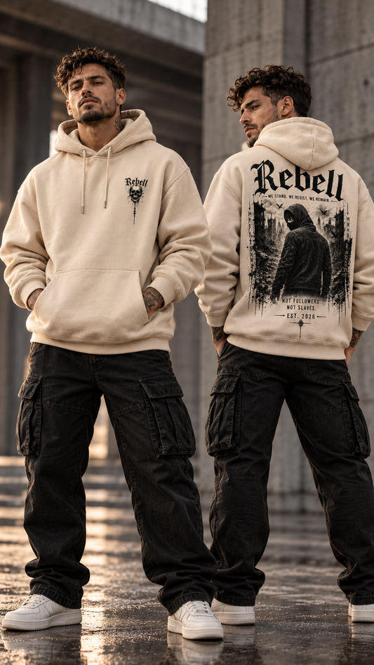 REBELL Hoodie Sand – Vorder- und Rückansicht