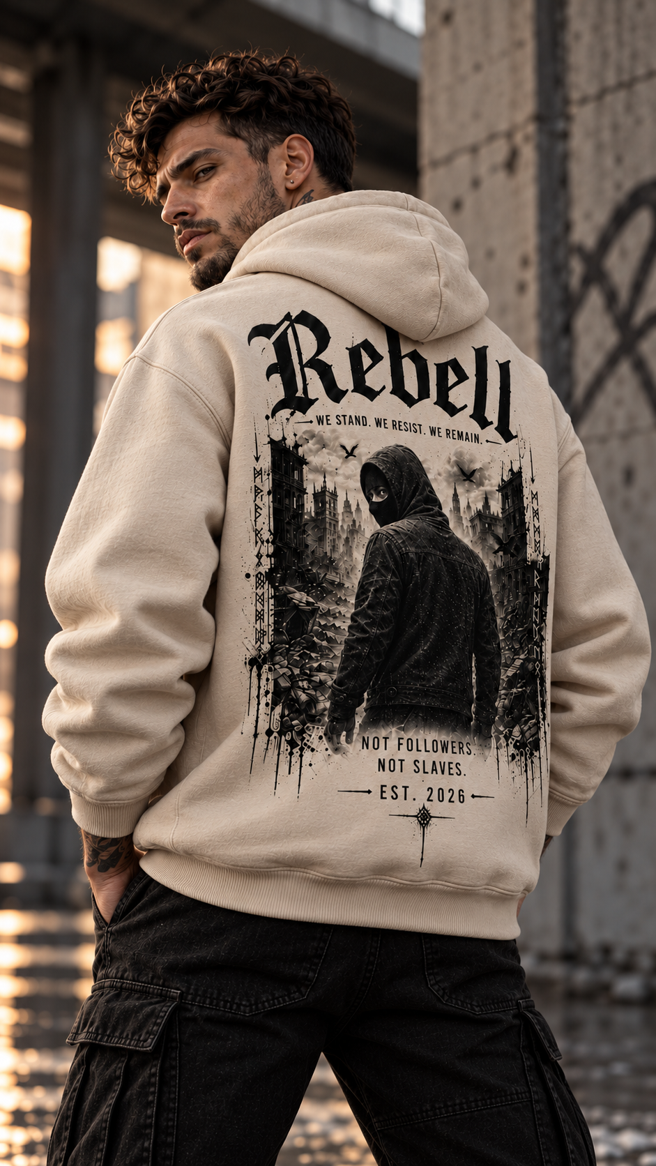 REBELL Hoodie Sand – großes schwarzes Rückenmotiv