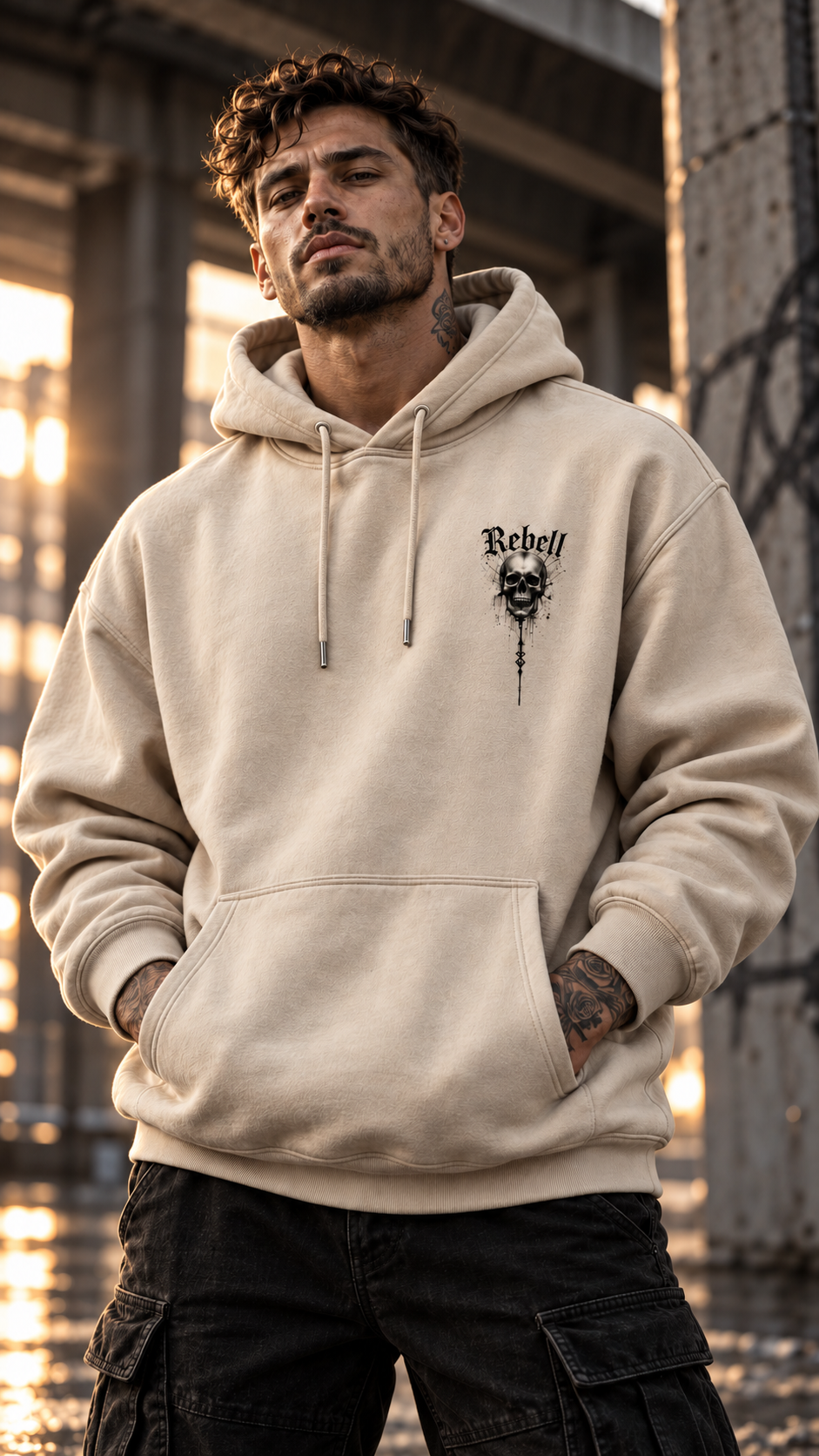 REBELL Hoodie Sand – Vorderseite mit kleinem schwarzem Brustmotiv