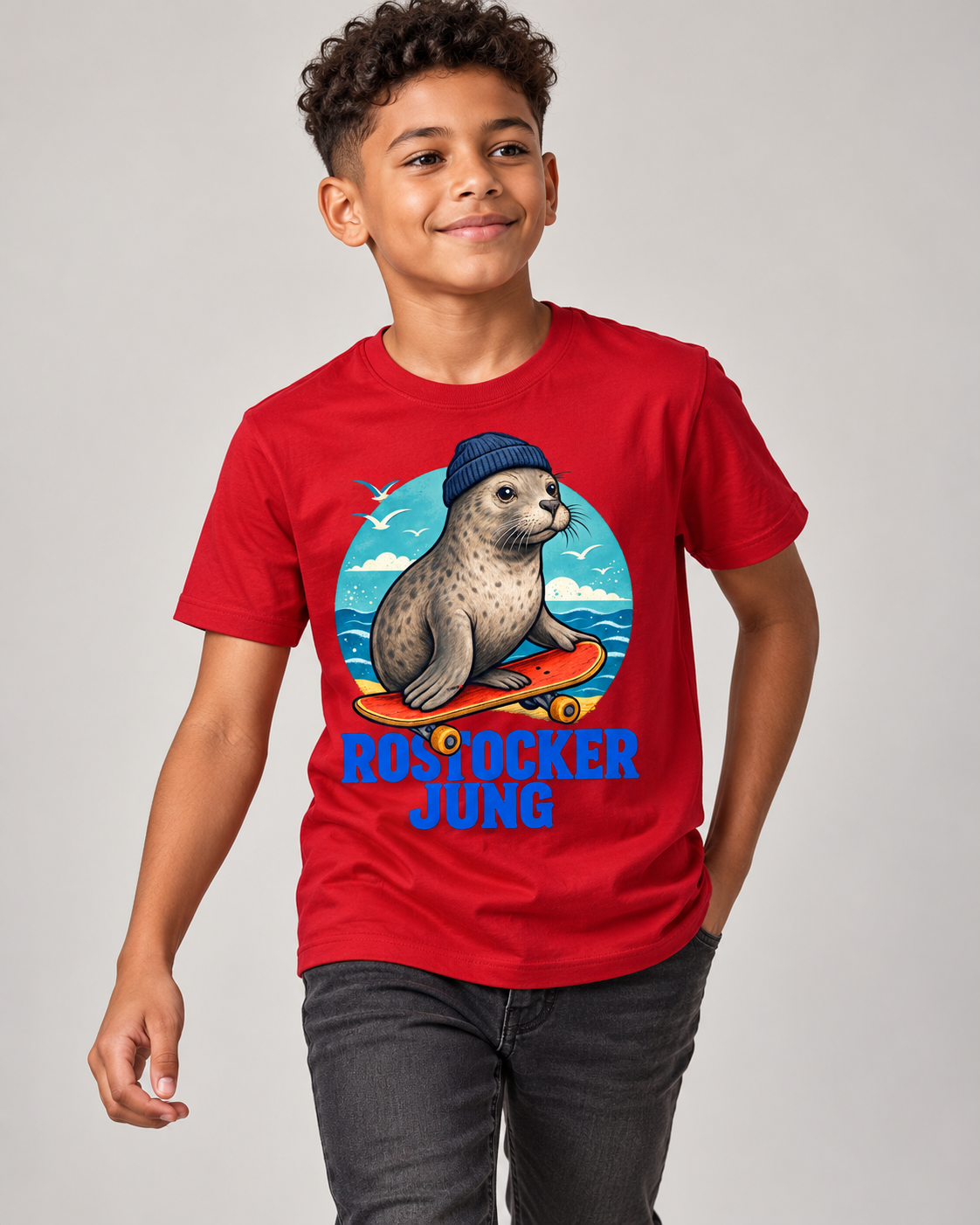 Rostocker Jung Jungen-T-Shirt in Rot mit Robbenmotiv und blauer Schrift – Trageansicht
