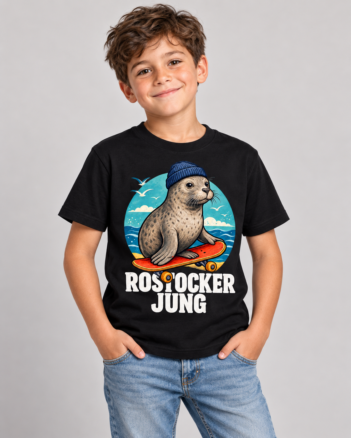 Rostocker Jung Jungen-T-Shirt in Schwarz mit Robbenmotiv und weißer Schrift – Trageansicht